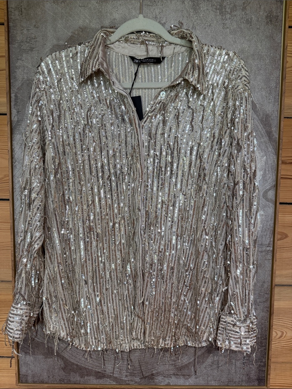 Zara Light Gold Fringe Sequin Button-Down Top, Generous Medium, NWT